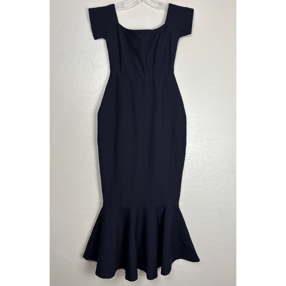 Lulus Navy Blue Mermaid Midi Dress Short Sleeve Ruffle Hem XS NEW 2687